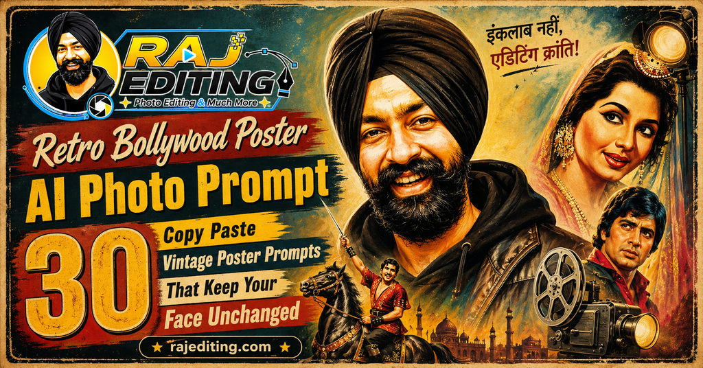 Retro Bollywood Poster AI Photo Prompt: 30 Copy Paste Vintage Poster Prompts That Keep Your Face Unchanged